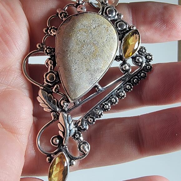 Handmade Silver Pendant – Fossil Coral & Citrine Accents + 20" Silver Chain - Picture 6 of 10